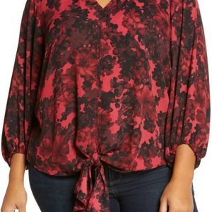 Vince Camuto Dark Floral Tie Front Top in Red